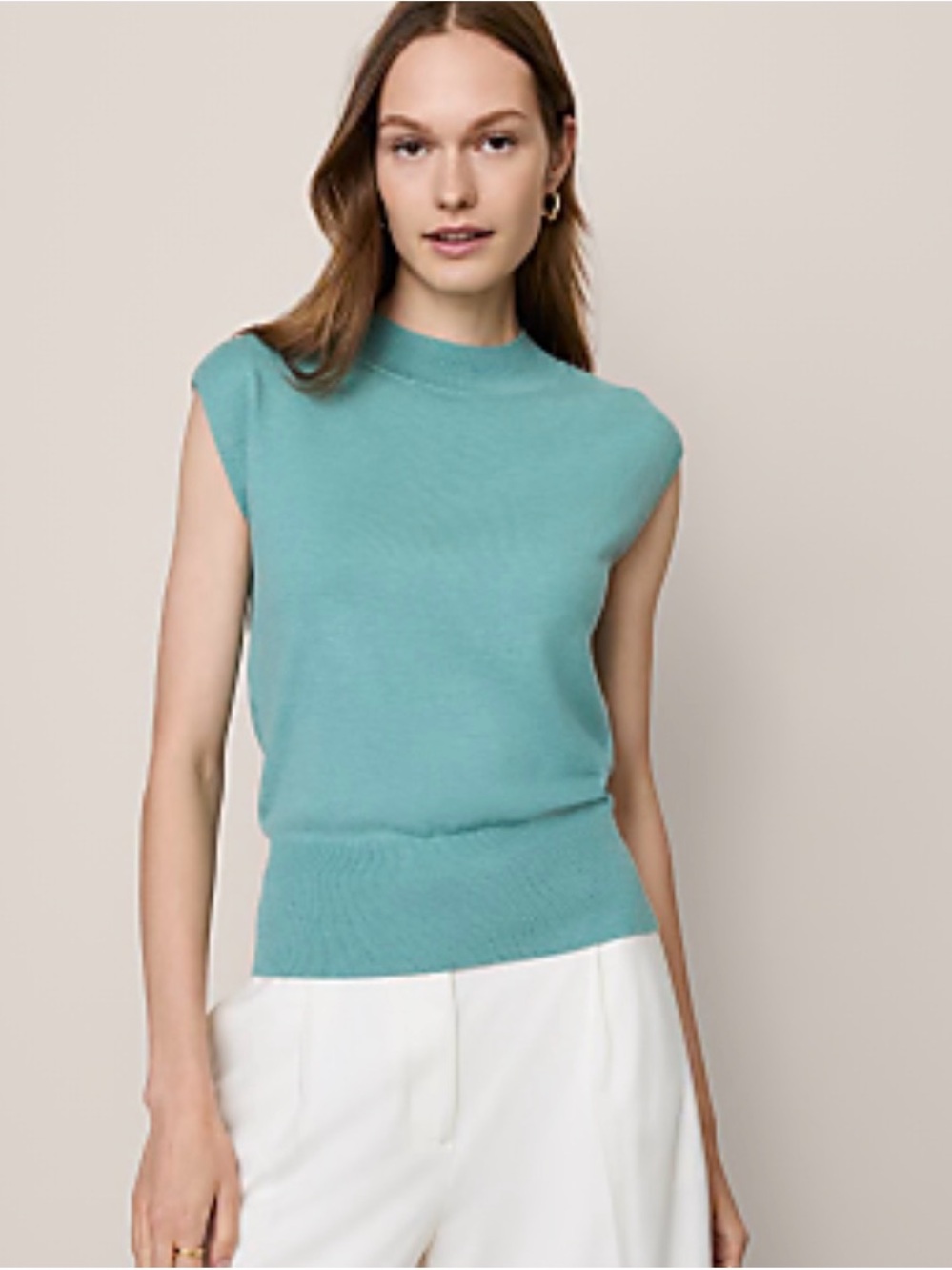 Ann Taylor Cap-Sleeve Mock Neck Knit Tank in Teal Blue
